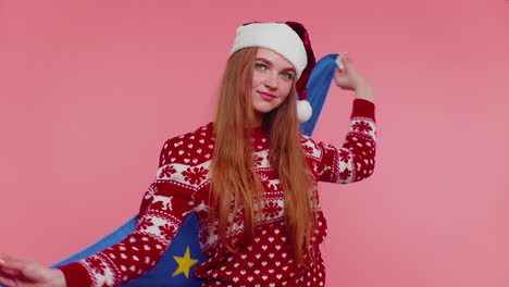 Girl-in-Christmas-sweater-waving-European-Union-flag,-smiling,-cheering-democratic-laws-human-rights