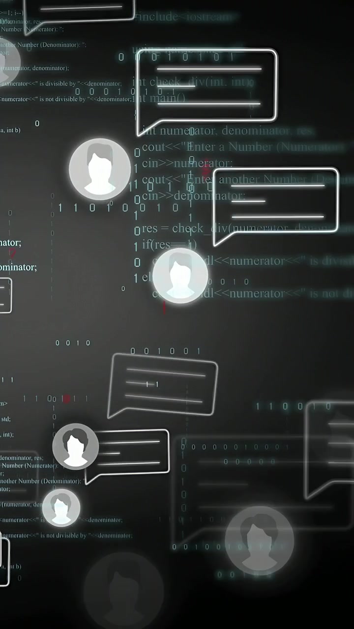 Vertical video: New messages arriving, chat UI drifting and fading, visualizing live code chat