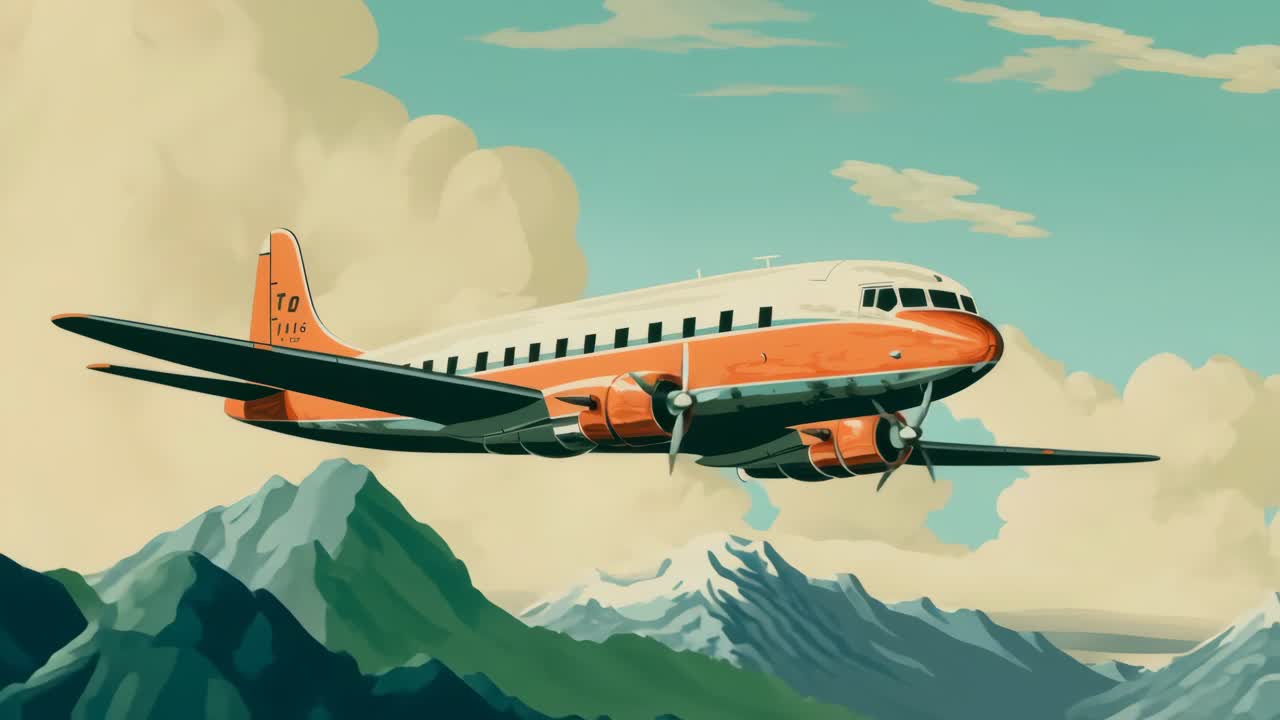 Vintage-style video concept of an airplane in flight, captured from a low angle, showcasing retro