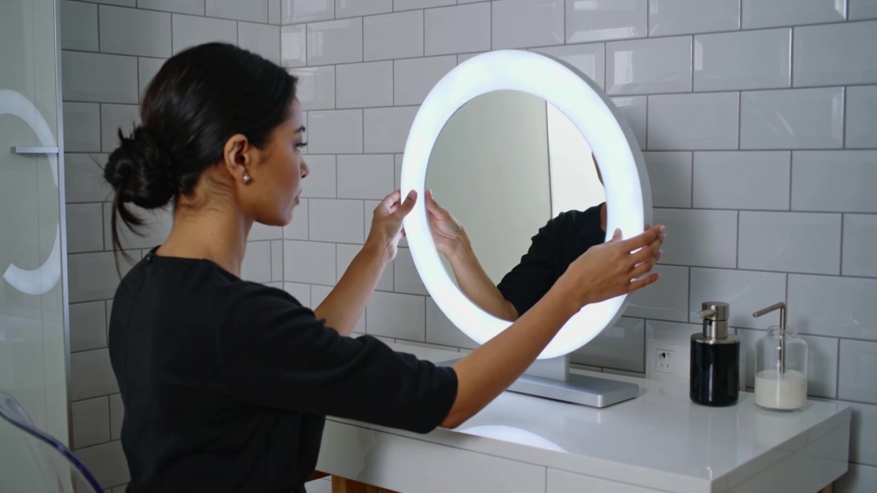 Appoggiando le mani sull'anello LED, una donna che indossa un top nero a maniche lunghe ruota lo specchio sulla toeletta per il trucco.