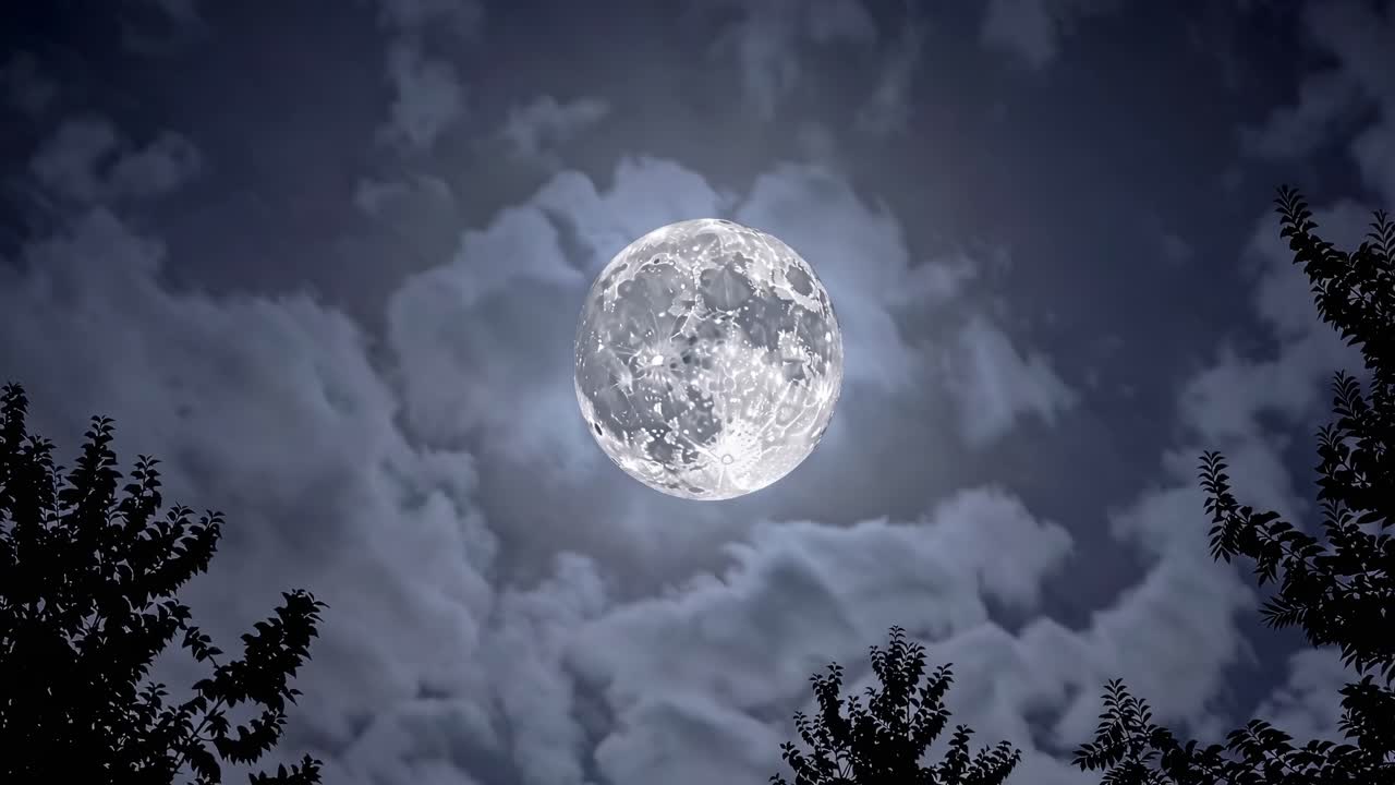 A cinematic video still of a full moon shining through clouds, framed by silhouetted trees