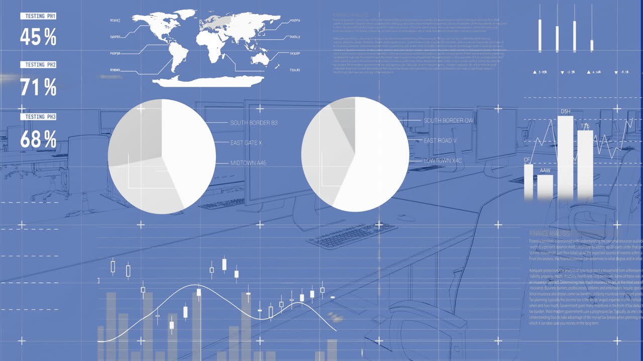 Animation of financial data processing over office with computers on desks and chairs