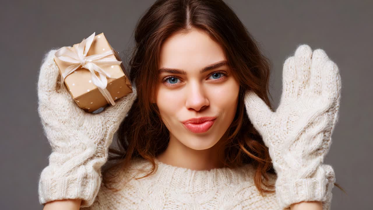 Allegra festa invernale: giovane donna in posa con un regalo incartato con un fiocco, con guanti in maglia e un caldo maglione su sfondo neutro