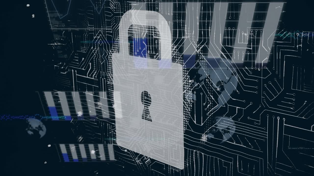 Drifting data initiating charts, globe icons and circuits merging into padlock for digital security