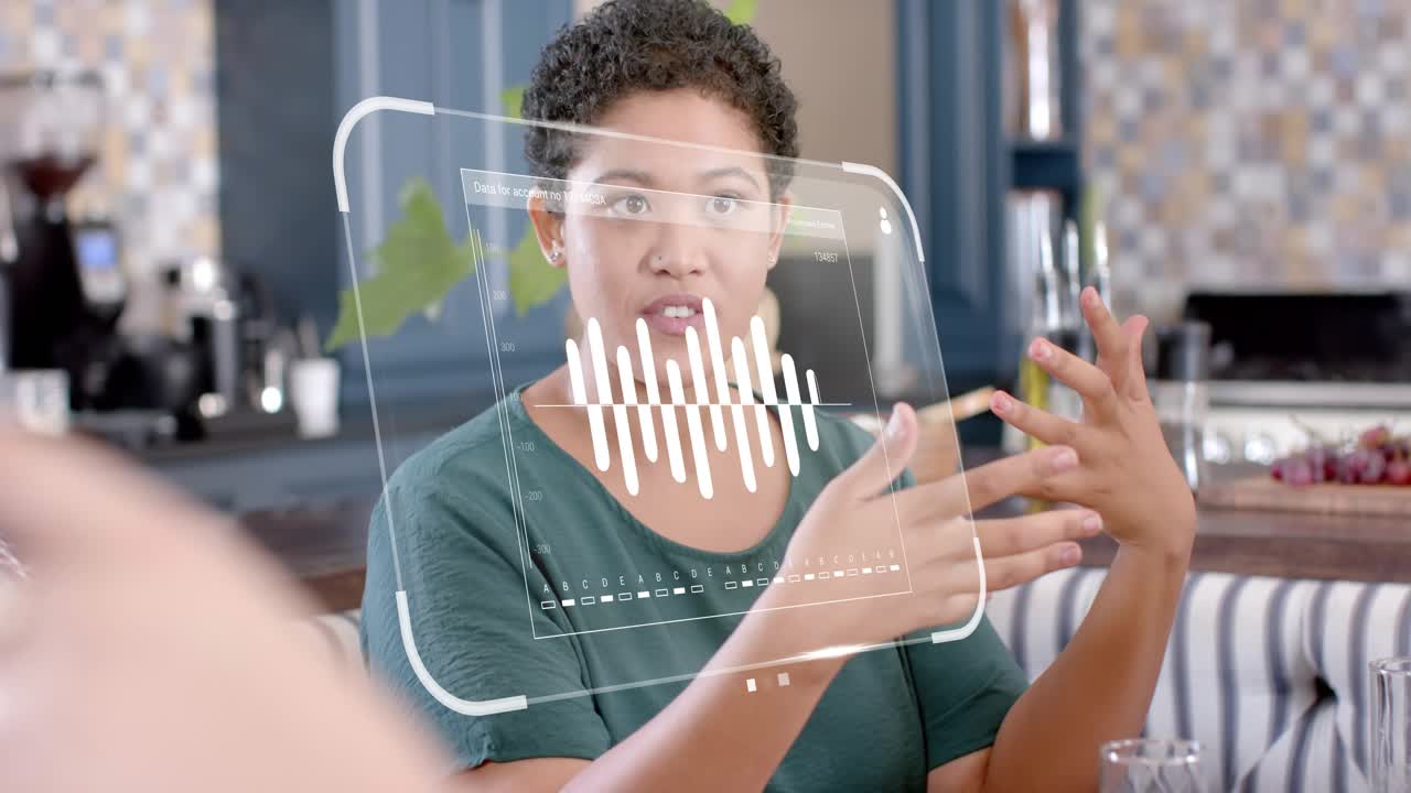 Woman gesturing, speaking at cafe booth, speech activating AR waveform over palms for voice demo