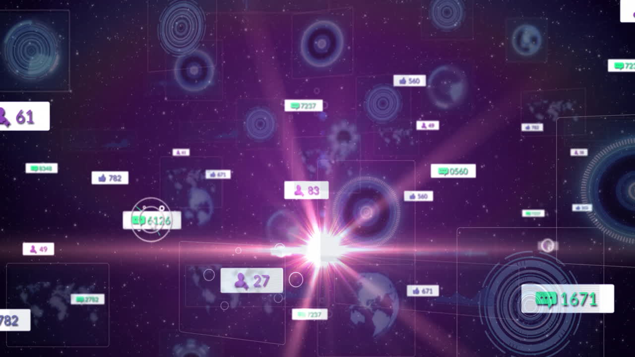 Animation of digital data points connecting globally over purple starry background