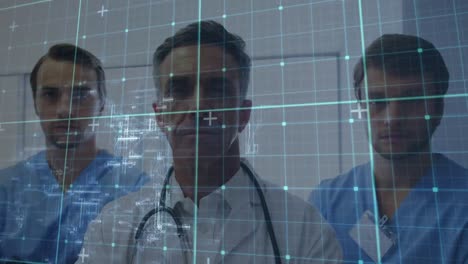 Digital-animation-of-grid-network-against-portrait-of-male-doctor-and-two-male-medical-professionals