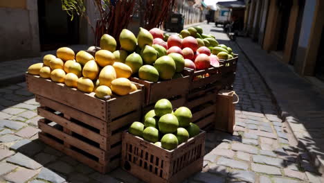 colorful fruits displayed in wooden crates on a cobblestone street