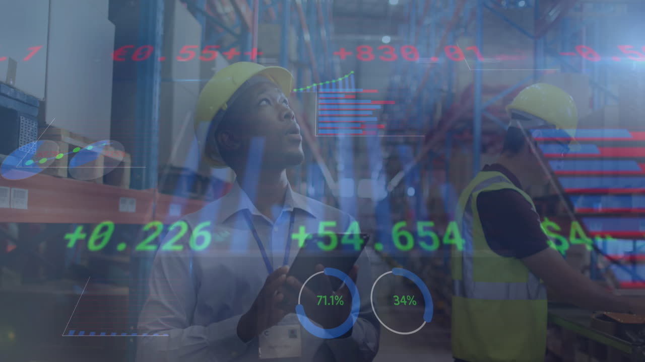 animación del procesamiento de datos financieros sobre diversas personas que trabajan en el almacén