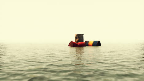 old rusty barrels oil in sea water illustrates the pollution of environment