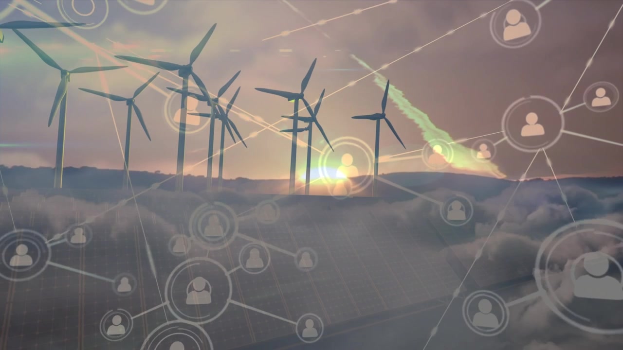 Animation of network of connections over windmills