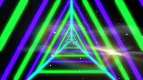 animation of neon green and blue triangular tunnel with starry space background