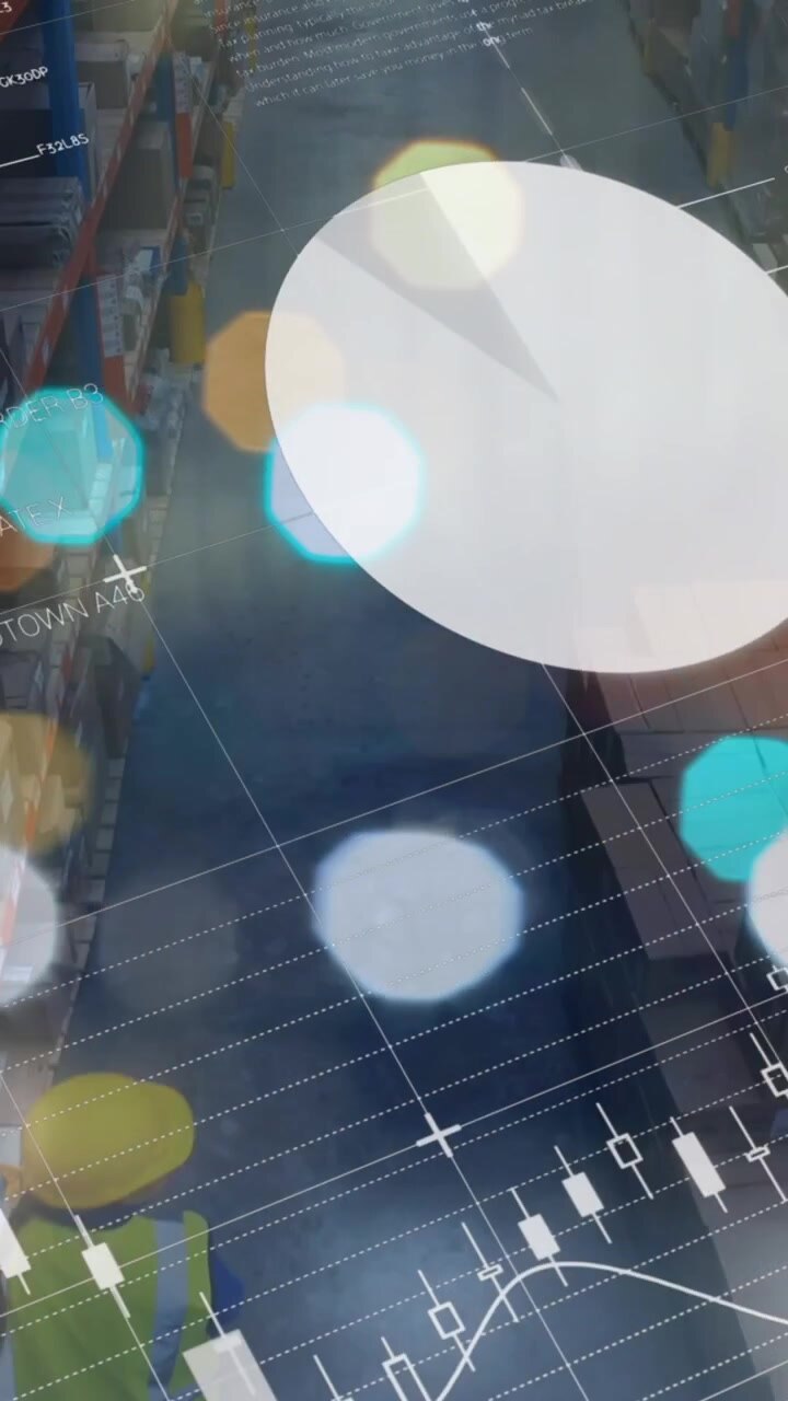 Animation of graphs and financial data over caucasian male warehouse workers