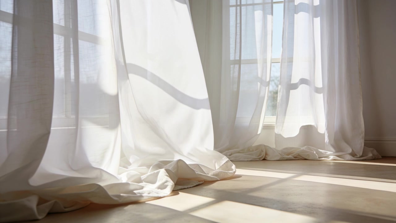 Billowing sheer white curtains swaying from draft at left sash, sunlight shifting across floor