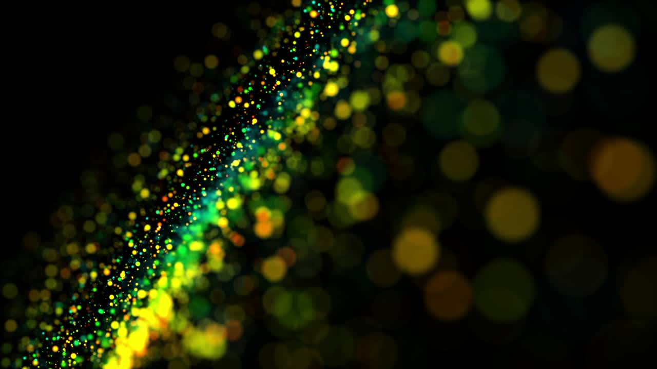 액체에 있는 다채로운 입자들이 떠다니며 반이는 4k 3d 아드션 배경, 반이는 입자, 검은색에 고립된 현장 깊이 및 보케 (bokeh)