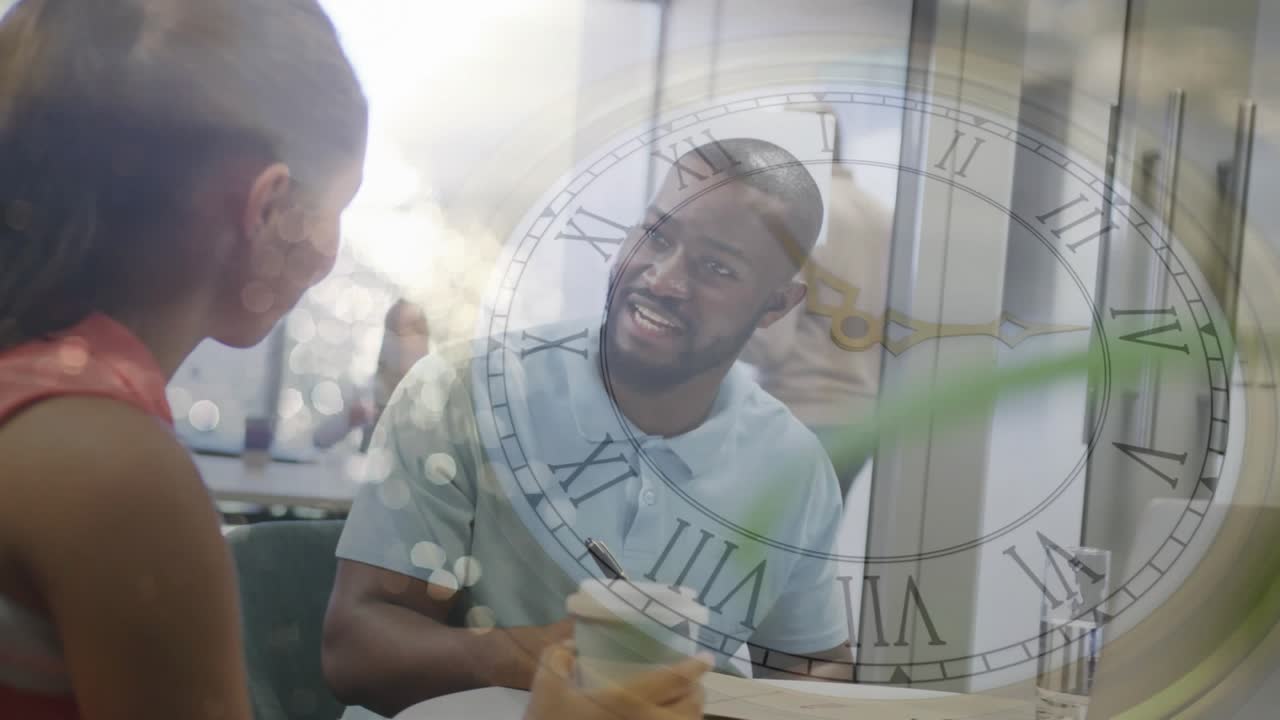 Vertical video: Man giving file starting biz review pointing, writing clock overlay crossing pair