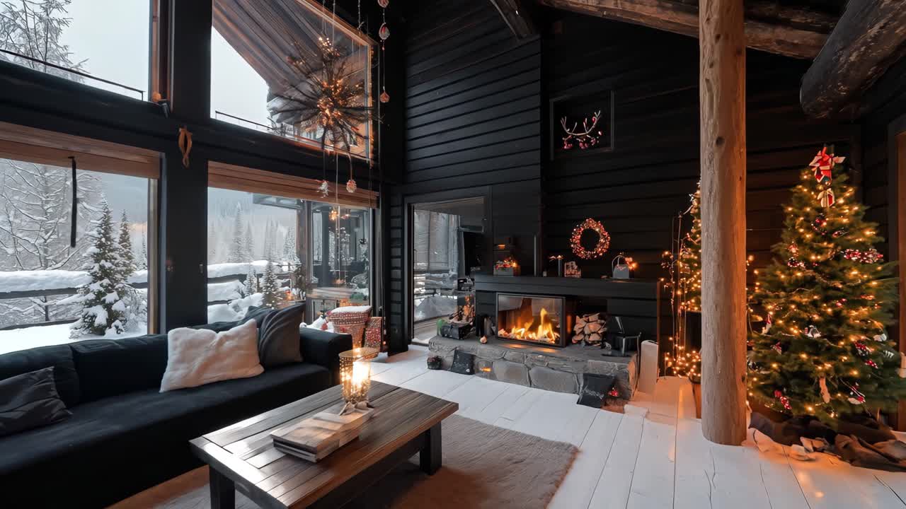 acogedora cabaña de navidad sala de estar con vista a las montañas nevadas