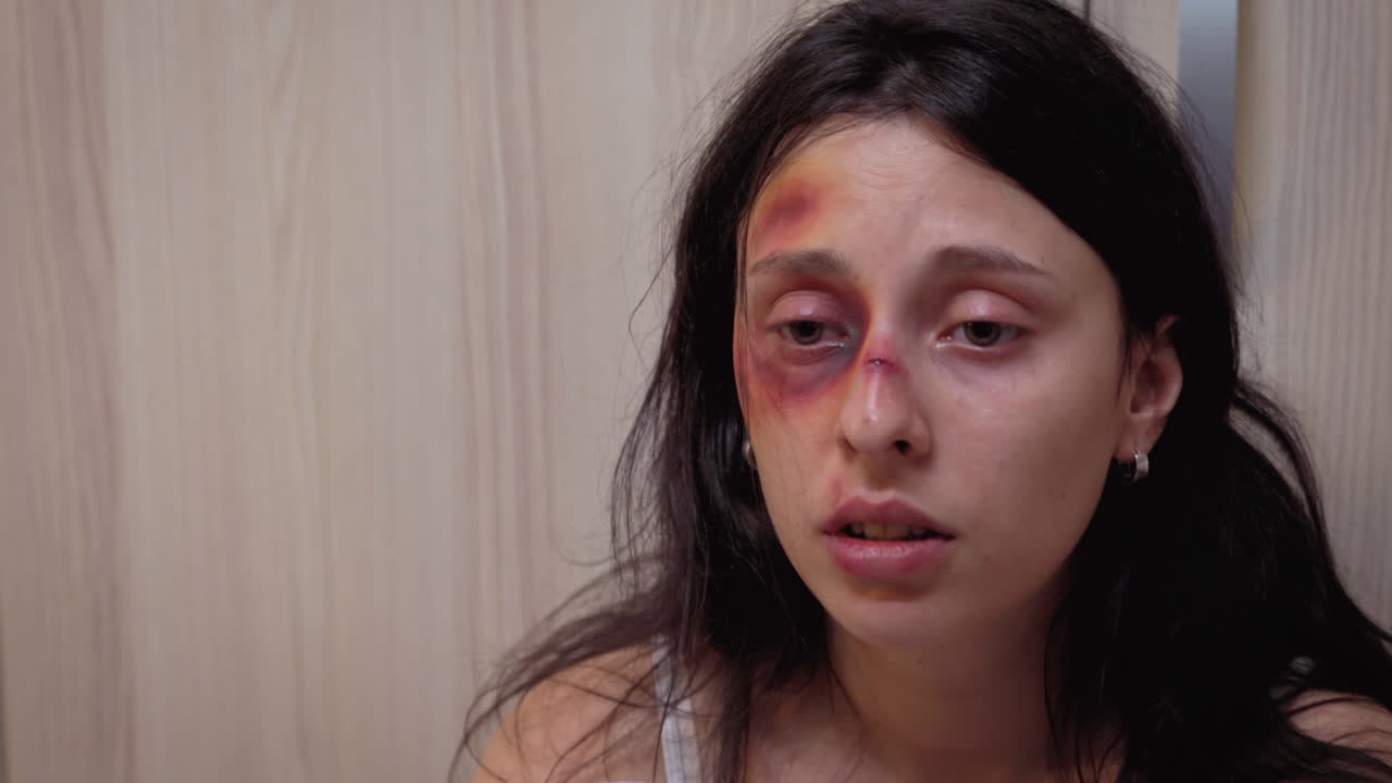 un primer plano de una mujer abusada sentada en el suelo.