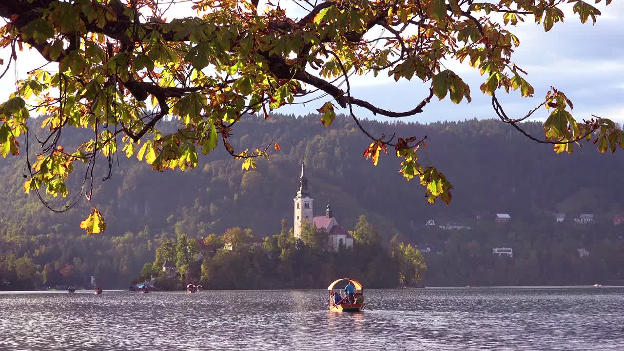 Barche a remi si dirigono verso l'isola sul Lago di Bled, Slovenia, alla luce del tramonto