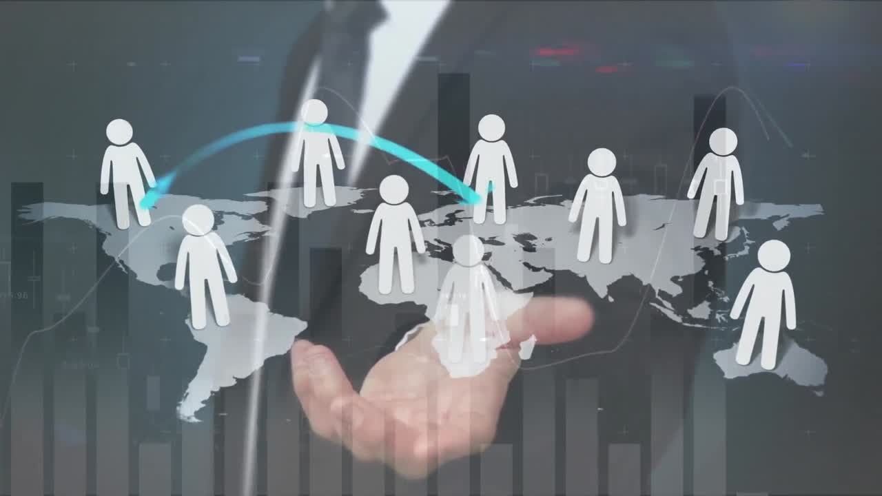 인터페이스와 데이터 처리를 사용하여 비즈니스맨을 통해 세계 지도에있는 사람들의 아이콘의 애니메이션