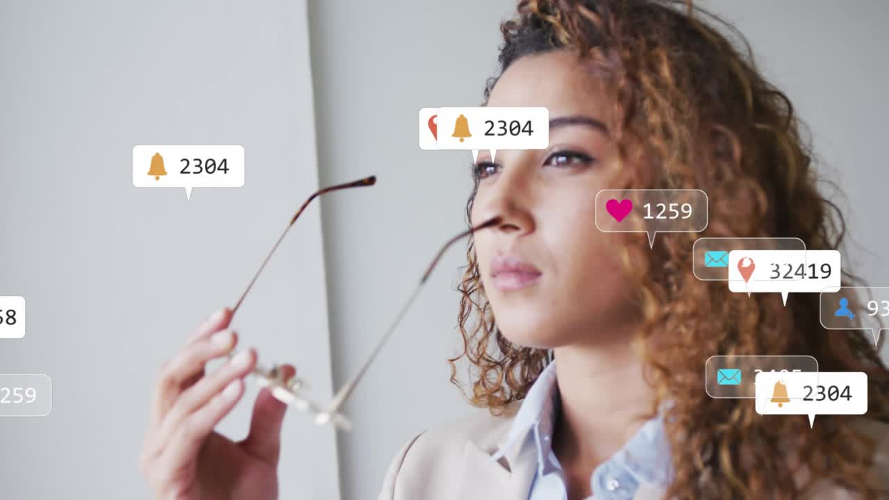 Woman reacting to social media badges appearing, adjusting then removing glasses while reflecting