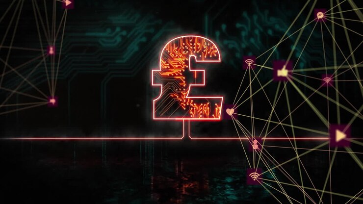 Animation showing glowing pound symbol with digital network connections in school