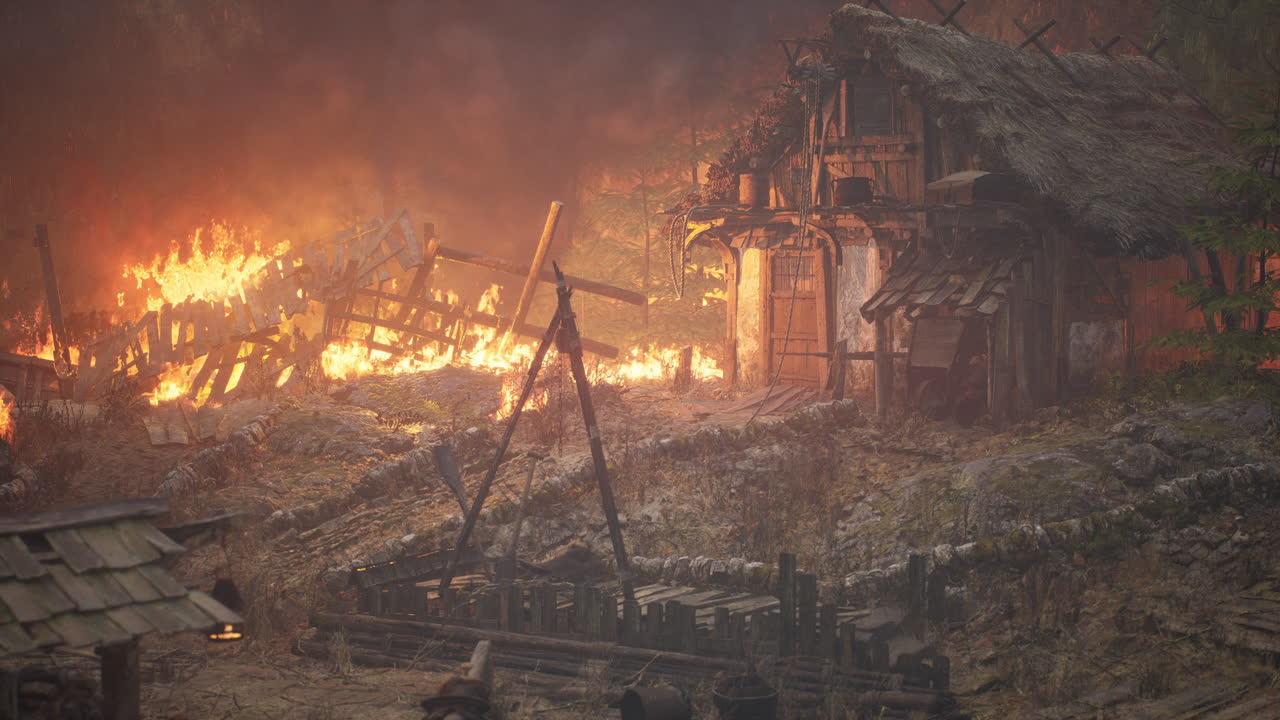 casa de madera en llamas en el viejo pueblo