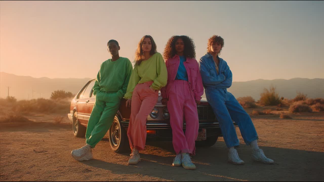 A Vibrant Group of Friends in Bold Colorful Fashion Posing Confidently Next to a Classic Car, Capturing the Essence of Youth and Style Against a Beautiful Sunset Backdrop