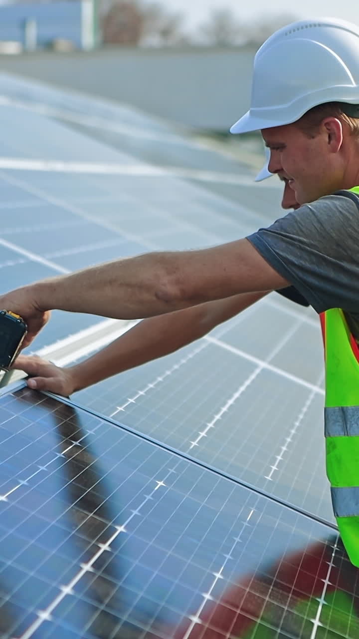 Workers installing solar panels. Technician with drill installing solar panels