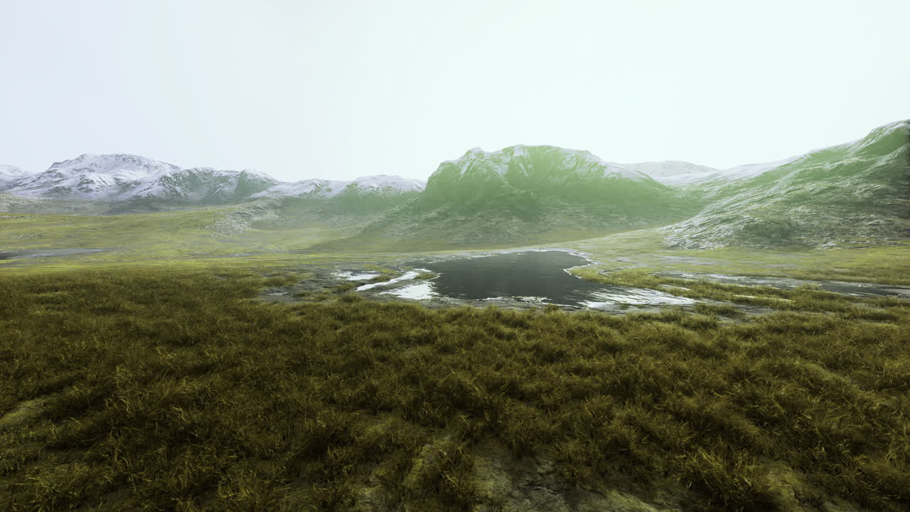 Nature landscape with a pond surrounded by mountains and grassland in daylight