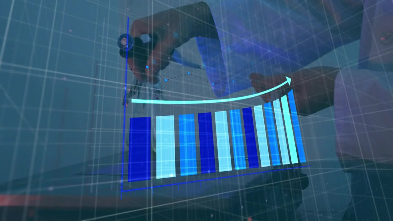 Technician hand lowering tool over lab pad, showing trend with holo blue bars and arrow forming