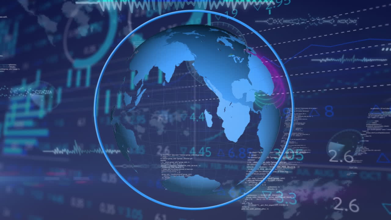 Animation of spinning globe over statistical and stock market data processing on blue background