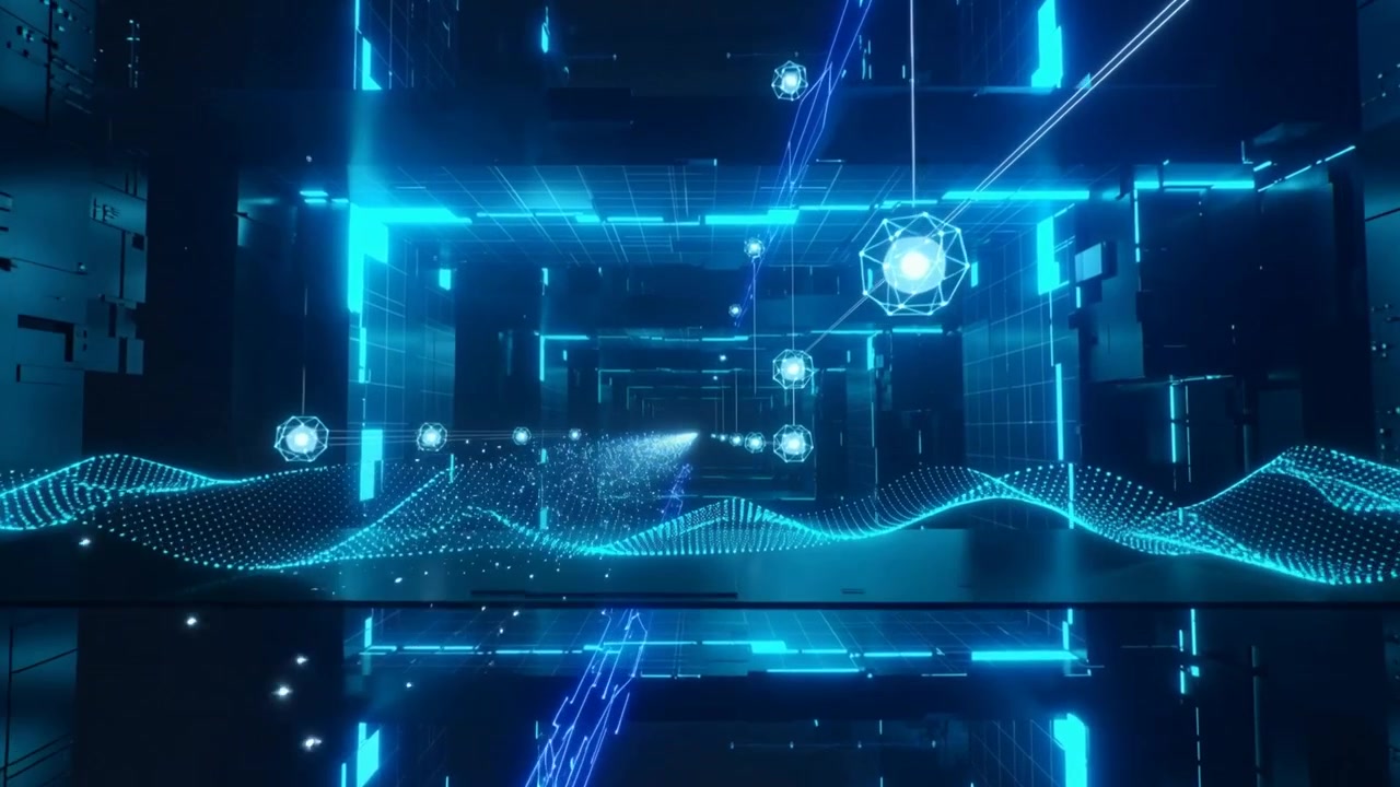 Advancing camera revealing glowing data corridor pulsing deeper, with dotted waveform and nodes