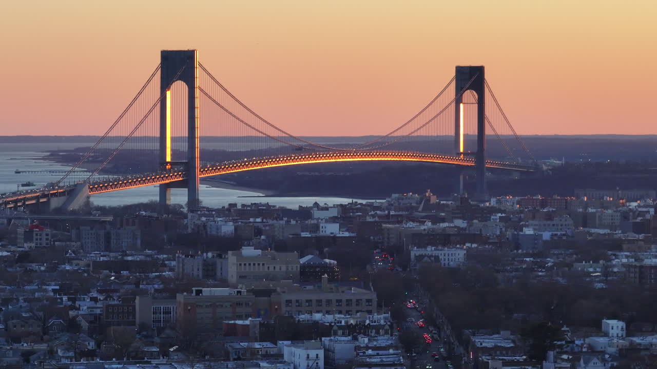 Aerial view of the Verrazzano-Narrows Bridge at sunset. Shot in Brooklyn, New York City.