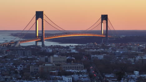 aerial view of the verrazzano-narrows bridge at sunset. shot in brooklyn, new york city.