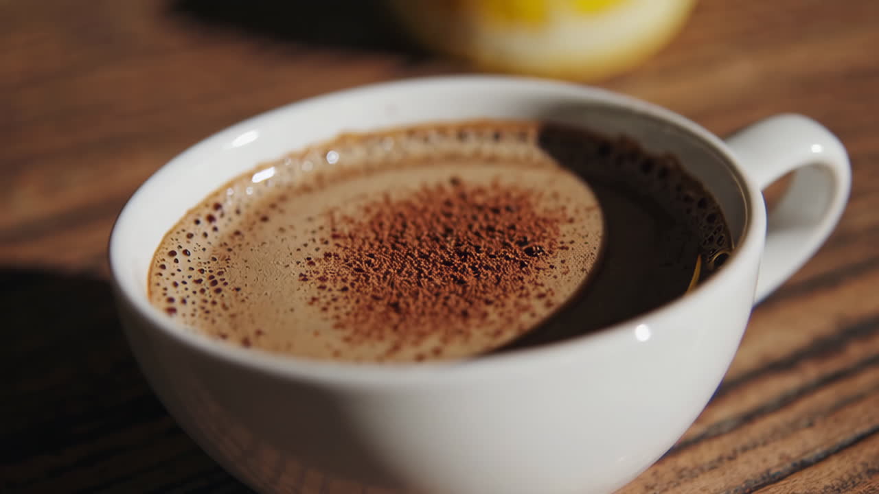 A warm mug of coffee or hot chocolate with froth and sprinkled powder on a wooden table