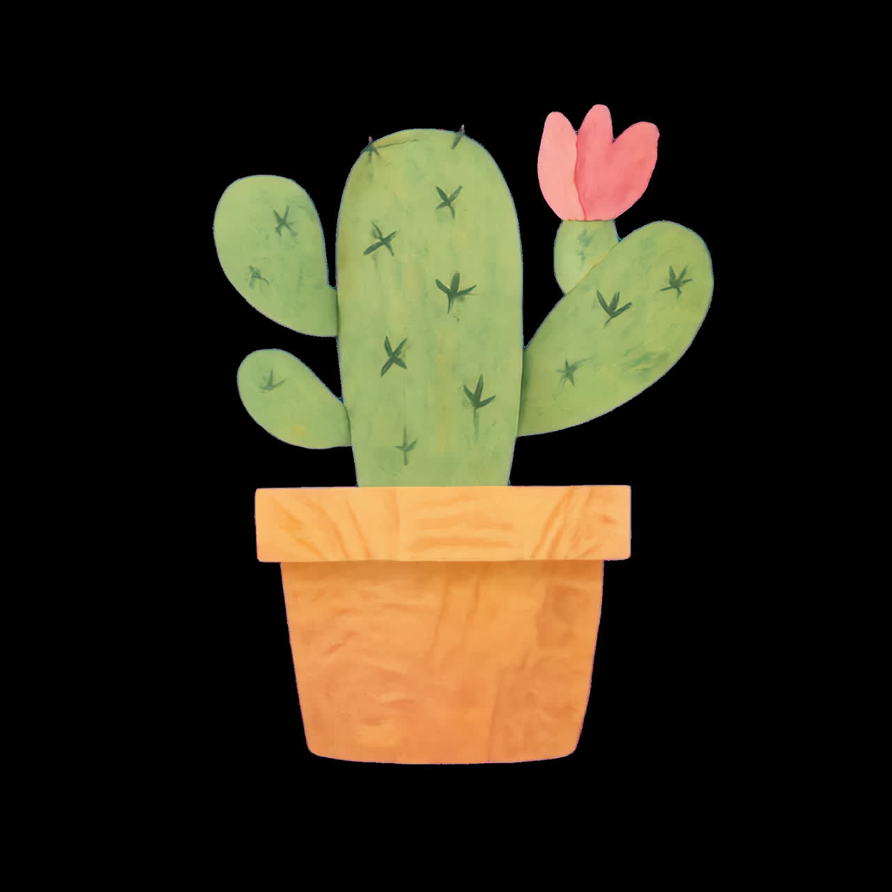 Whimsical cactus with pink flower animation isolated asset, transparent 4K video, alpha channel
