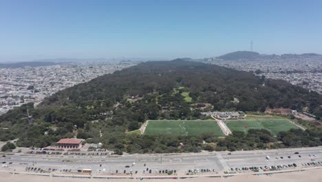 Super-wide-reverse-pullback-aerial-shot-of-Golden-Gate-Park-from-the-Pacific-Ocean-in-San-Francisco