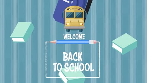 Animation-Von-„Back-To-School“-Texten-über-Schulartikel-Symbolen-Auf-Blauem-Hintergrund