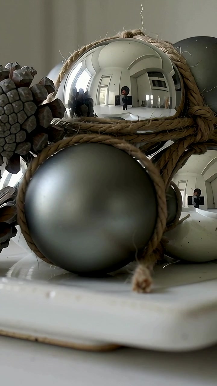 Vertical video: Moving camera capturing pinecones and ornaments at home while person documenting