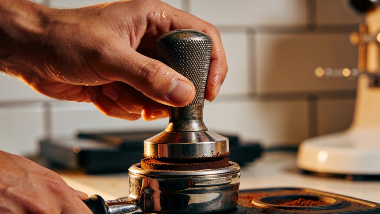 Mãos de barista compactando, pressionando compactador de metal no porta-filtro após dosagem, preparando expresso no balcão