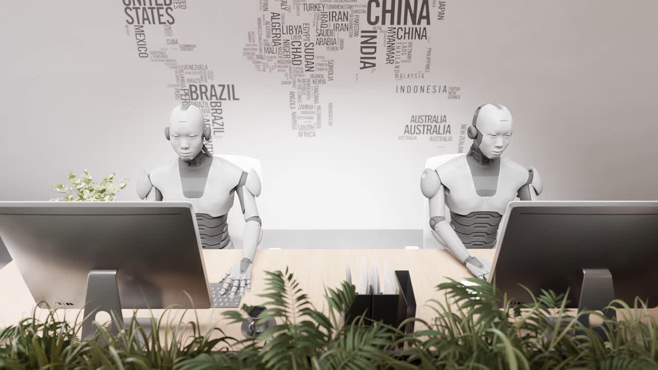 futuristic robot chatting with customer care animation of modern cyborg chatbot artificial intelligent sitting on desktop working hard in office 3d rendering animation