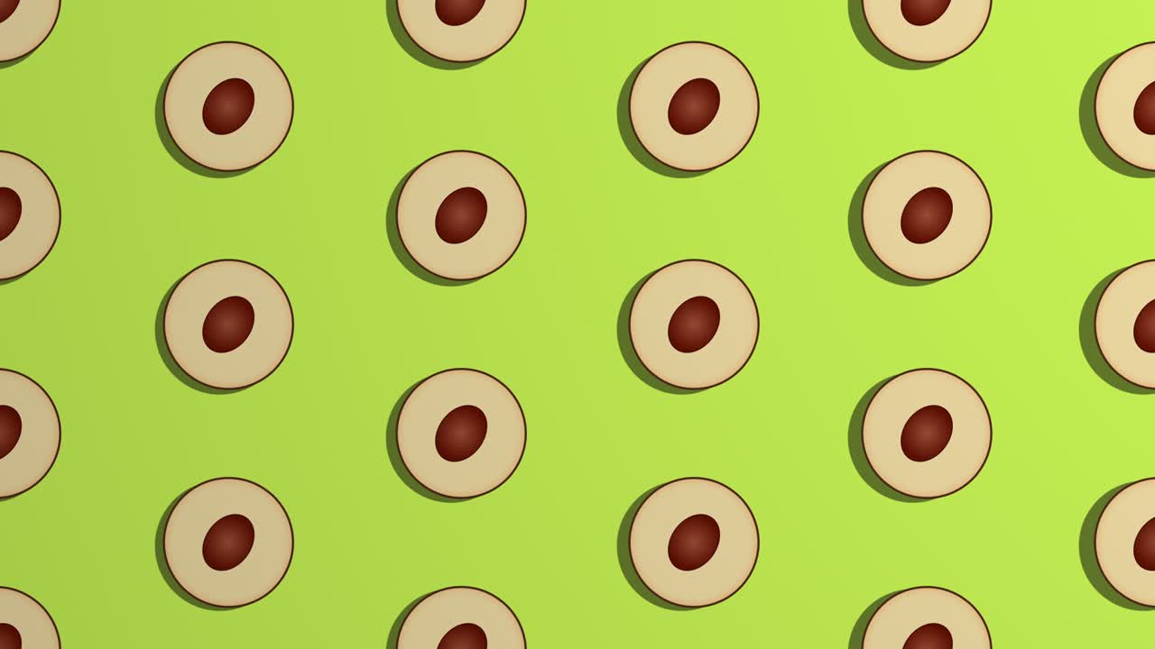 아보카도 조각을 회전하는 노란색 배경의 패턴