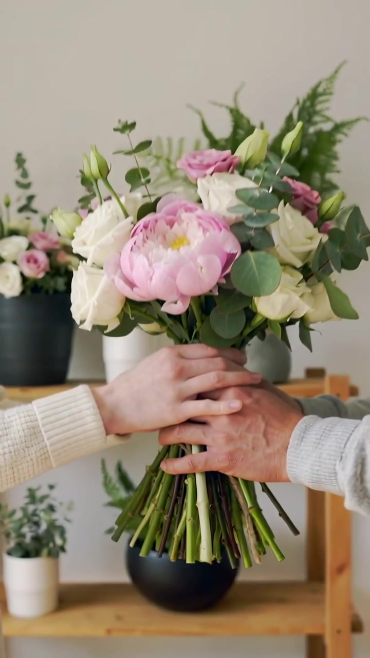 Video verticale: Mani di fioristi che compongono un bouquet in un negozio, grembiule visibile, peonia rosa, spago.