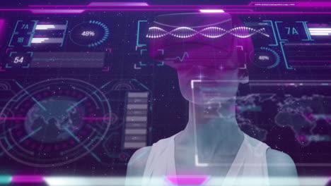 animación de pantallas con procesamiento de datos y mujer caucásica usando auriculares vr