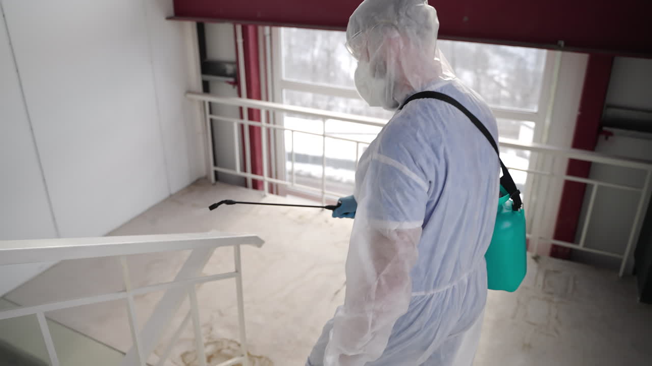 desinfección de una escalera de un edificio