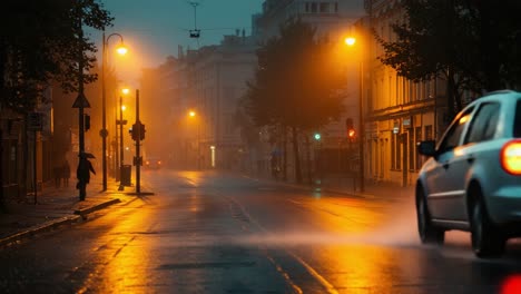 A Rainy Evening Transformation: A Car Navigates Through an Empty, Glowing Street in a Misty Urban Landscape with Reflective Wet Surfaces