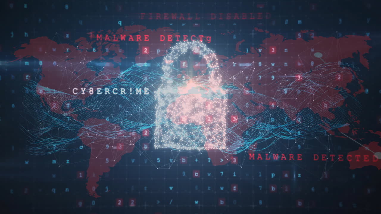 cortafuegos desactivado animación de texto sobre candado digital y fondo del mapa del mundo