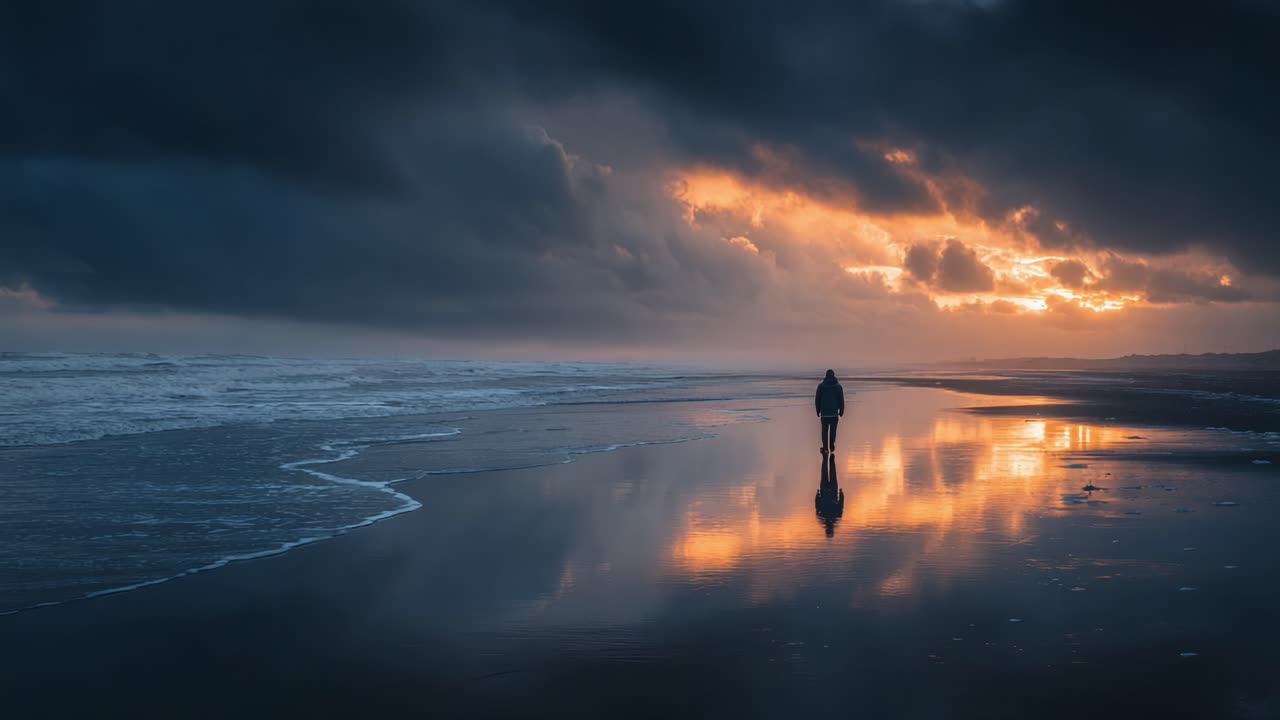 Una figura solitaria si erge sulla costa al crepuscolo, riflessa nella sabbia bagnata, circondata da nuvole intense e uno splendido tramonto sull'oceano