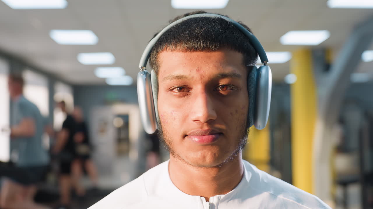 Student wearing white activewear and large headphones poses with calm elegant demeanor in modern gym, looking downward as blurred figures in background engage in workouts under soft lighting